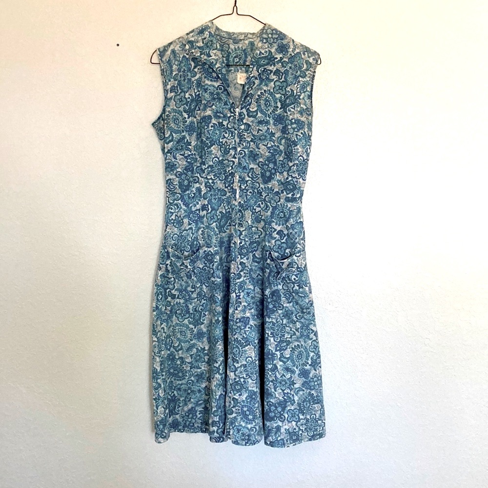 VTG 50s Mode O' Day Blue White Floral Cotton Shirtwaist Dress Size S/M